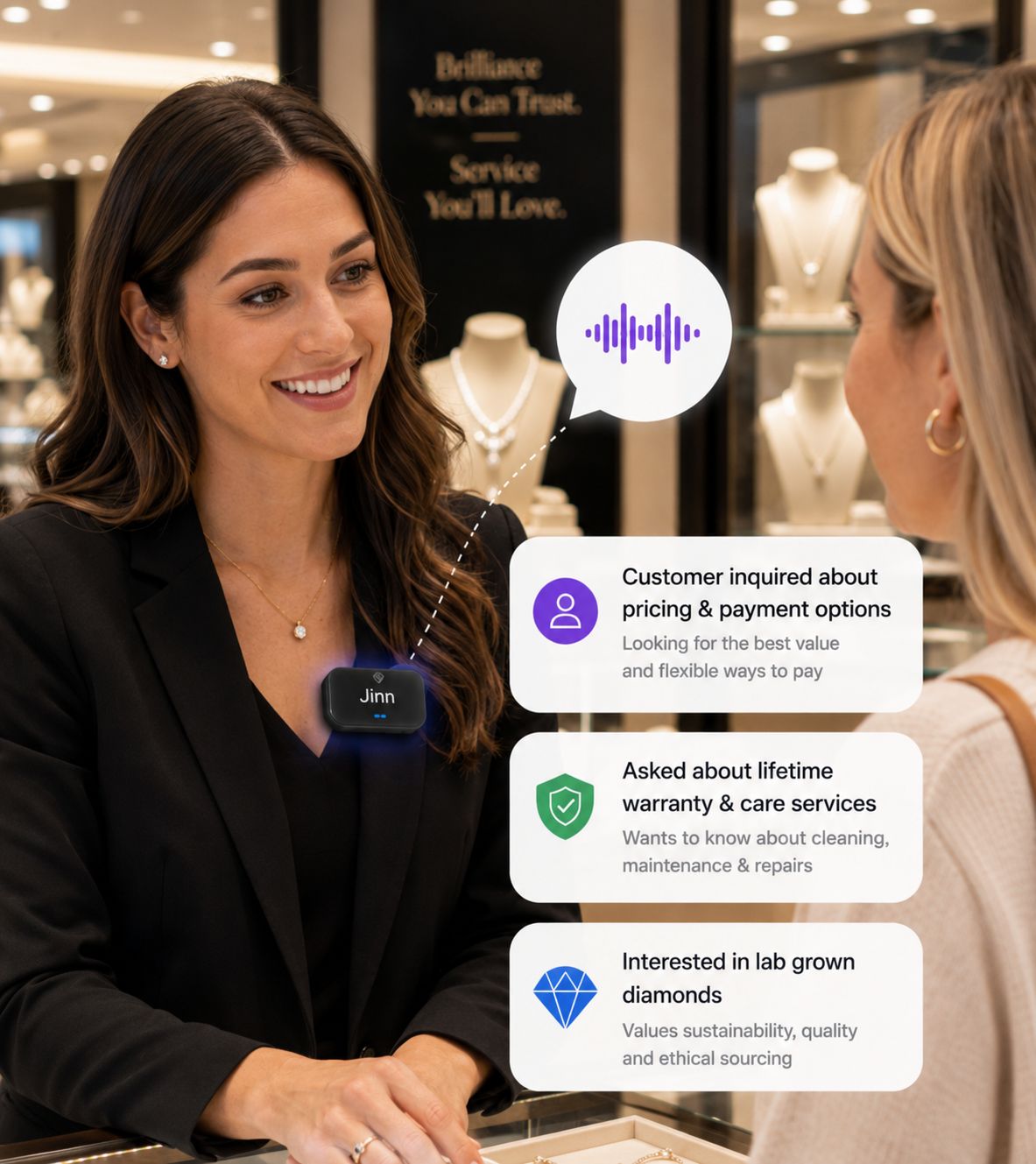 Jinn-powered retail associate engaging with a customer in a jewellery store with AI insight callouts